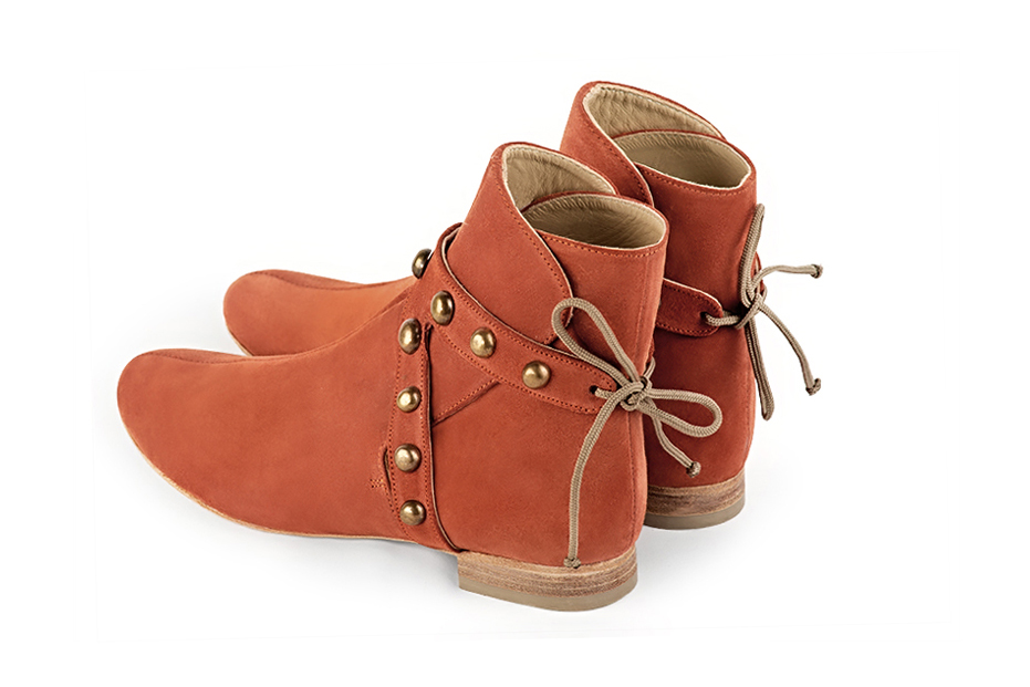 Terracotta orange women's ankle boots with laces at the back. Round toe. Flat leather soles. Rear view - Florence KOOIJMAN